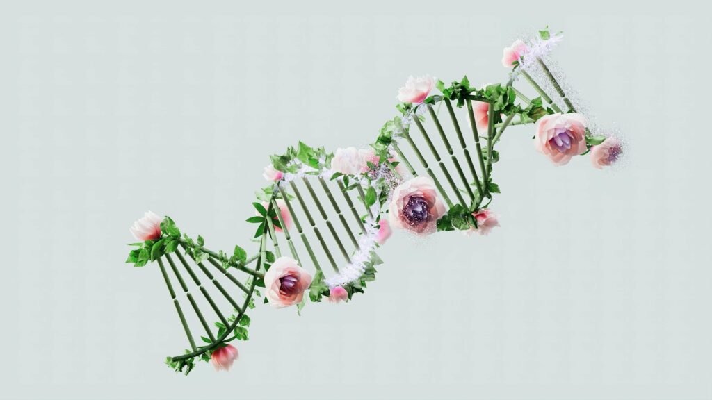 pexels photo 18069421 18069421 Artistic representation of a DNA helix intertwined with flowers and green leaves.